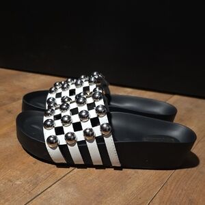 Catherines Black Slide Sandals with Gold Accents